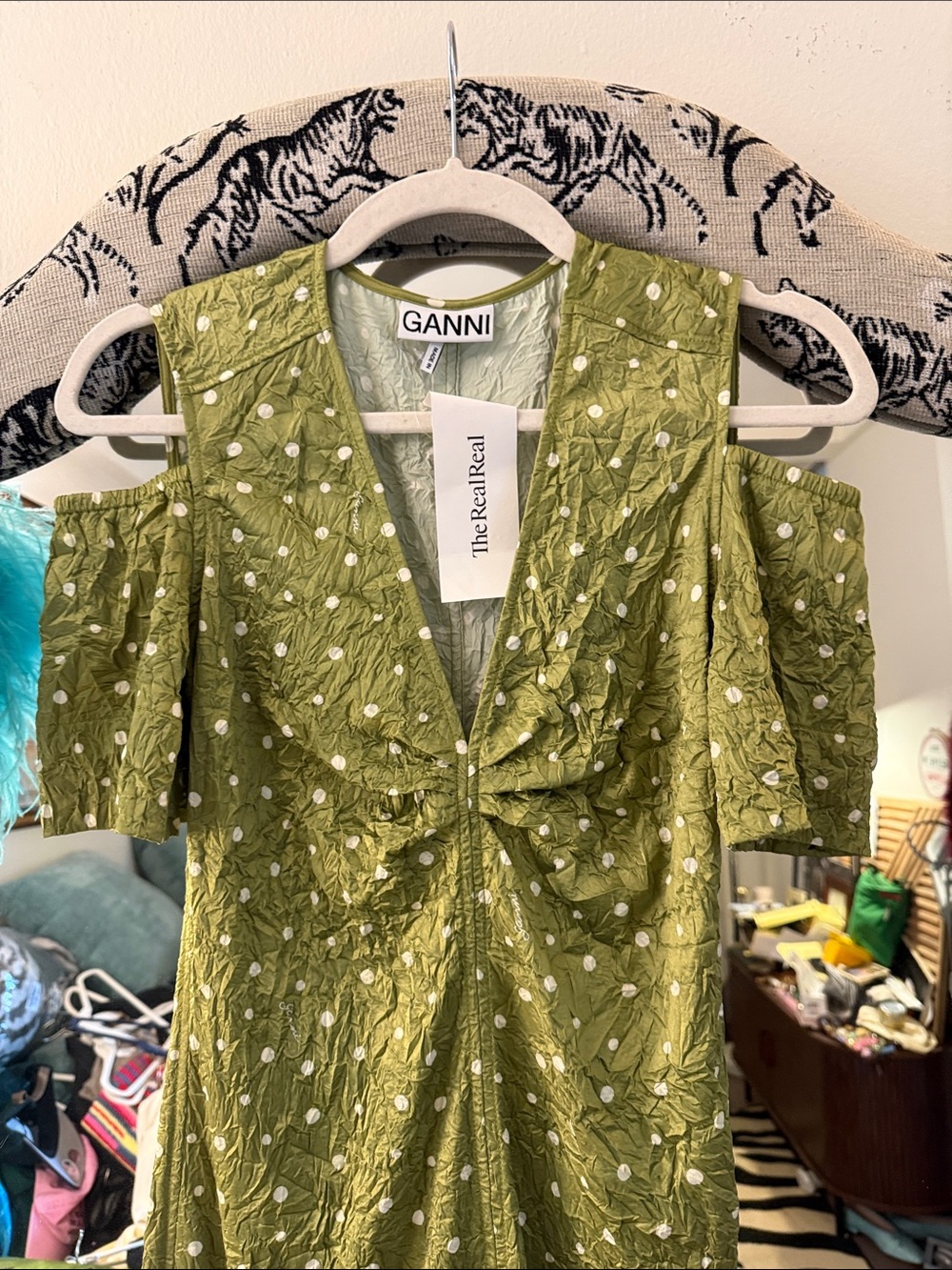 Ganni Olive Green Cold-Shoulder Maxi Dress with Knot Front - Picture 3 of 5